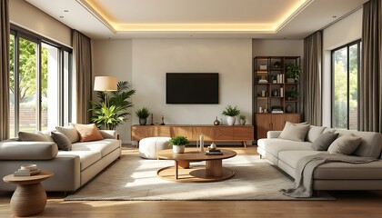 Fototapeta premium Modern living room interior design, sunlight streaming through large windows, garden view, cozy atmosphere, ideal for home decor websites