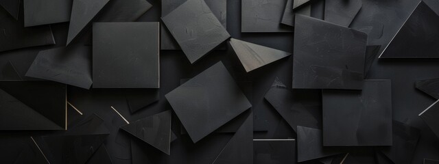 Sharp black triangles and squares on a dark background. Geometric design for banner template with white space in the center for text. Modern minimalist wallpaper with copy space.