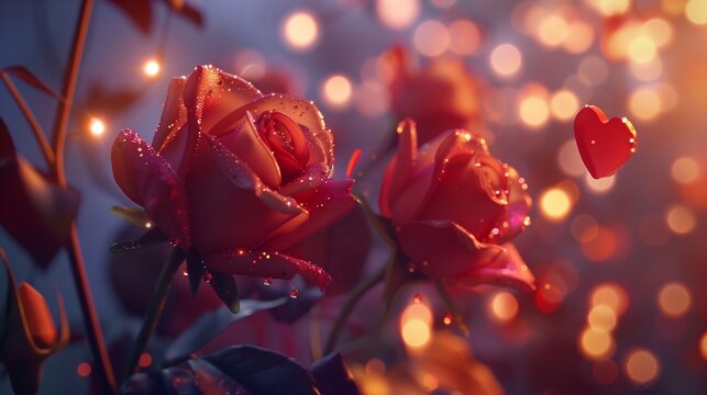 A romantic Valentinea??s Day background featuring red roses and heart-shaped decorations, softly lit with a dreamy ambiance. The elegant bokeh lights enhance the atmosphere of love.