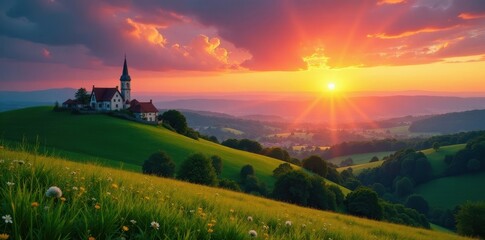 Fototapeta premium Rolling green hills, vibrant sunset over a quaint village, clouds, trees