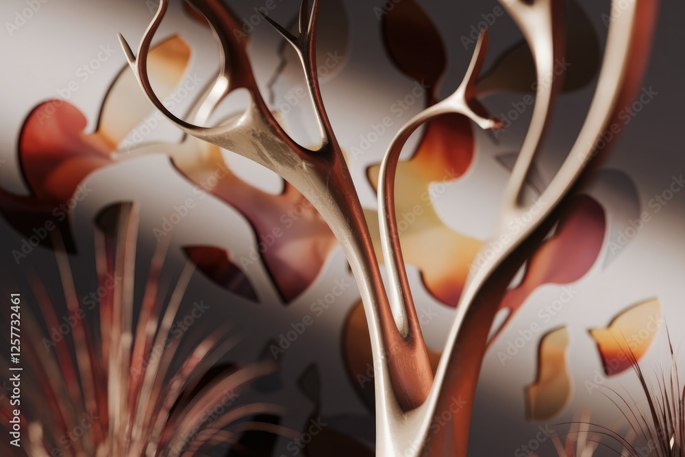 Poster abstract metallic sculpture with organic, branching forms against a backdrop of warm-toned, abstract