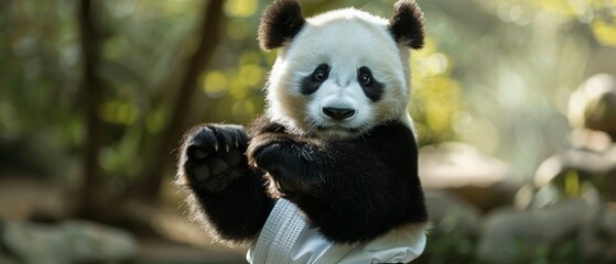 Fototapeta premium Cute panda holding his paws in front, surrounded by greenery, suitable for children's books, educational materials about nature, and for advertising zoos and nature reserves.