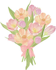 Watercolor Bouquet of Fresh Spring Tulips and Wildflowers, Tied with Silk Bow for Weddings birthday Celebrations greeting cards invitations baby showers Mother's Dayvector