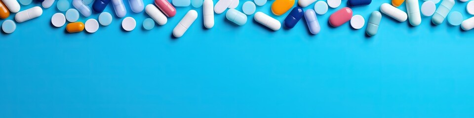 Colorful pharmaceutical pills, tablets and capsules scattered on bright blue background with copy space. Medical supplies, healthcare and pharmacy concept for banner. Flat lay, top view