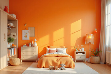 Beautiful children's room with bright orange wall and furniture. Interior design