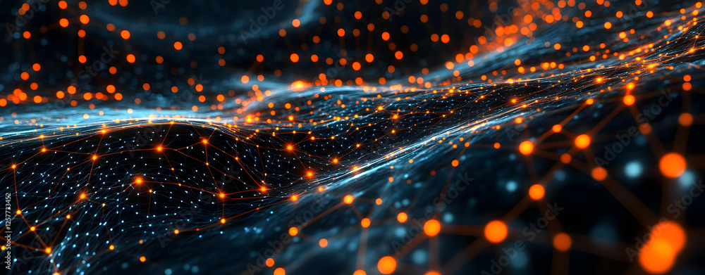 Poster abstract network visualization orange and blue nodes connected by lines digital landscape futuristic