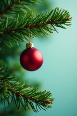 Single red bauble nestled amongst vibrant green pine needles , tree, color