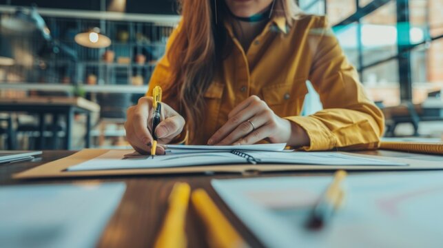 A designer's creative process in a cosy coffee shop, great for articles on creativity, learning to draw and inspiration.