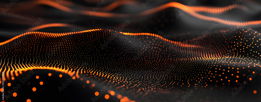 Poster abstract dark background with orange glowing particle waves digital art