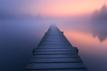 Fototapeta premium Serene wooden pier extending into misty lake at dawn