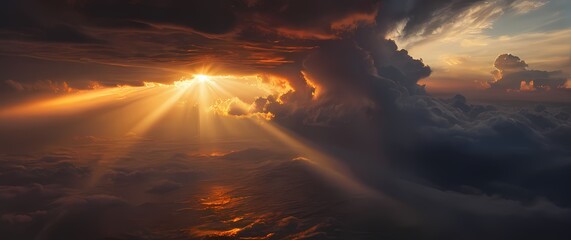 An oil painting of a stunning sunset breaking through heavy clouds each beam of light adding depth and drama to the ever changing sky