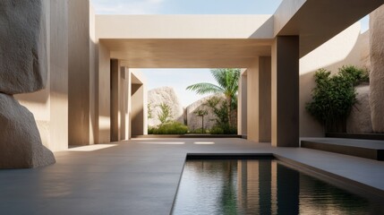 A contemporary villa in a desert oasis, bright sun casting soft shadows on minimalist white architecture, a serene courtyard with a reflecting pool, earthy tones blending with the natural surroundings