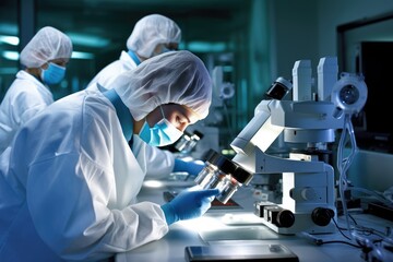 Medical scientists in protective equipment working with microscopes in modern laboratory. Research team conducting scientific analysis. Healthcare innovation and testing concept