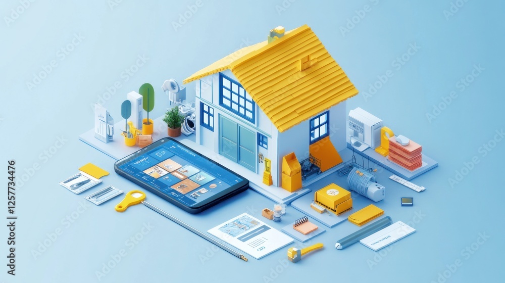 Aufkleber smart home automation concept with mobile app interface and isometric design