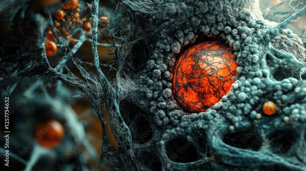 Fototapete intricate glowing orb nestled within a dark, organic structure: a surreal macrocosm of mysterious en