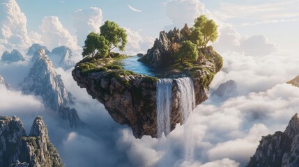 A floating with trees, a waterfall, and clouds. A small rock in the middle of it is shaped like an oceanic landscape.
