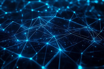 An abstract digital background featuring a Bitcoin symbol, highlighted by connecting data points in blue and black colors