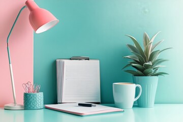 Stylish modern workspace with pastel colors and natural decor