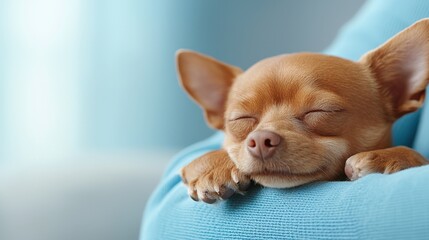 A small brown dog sleeping on a blue pillow