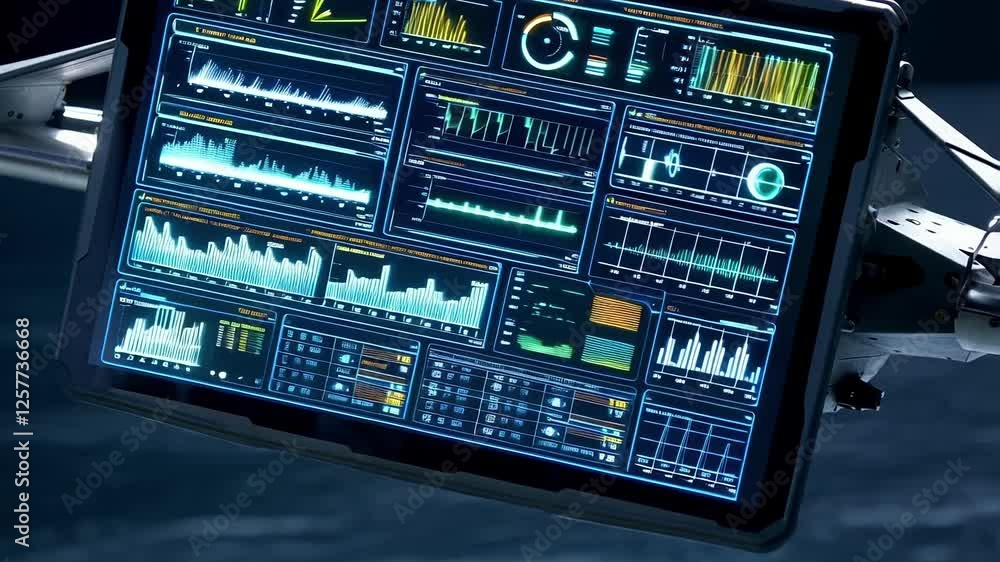 Poster complex data streams across a futuristic digital interface, mounted on a mechanical arm, possibly su