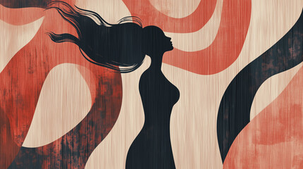 A modern digital illustration of a female silhouette with long flowing hair set against an abstract textured background with red and beige tones, symbolizing empowerment, strength,