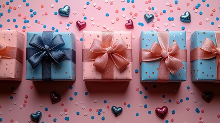 Colorful gift boxes arranged on a pink background with sparkling hearts and confetti for a cheerful celebration