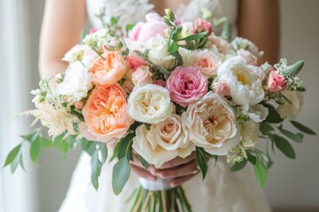 Obraz premium Beautiful floral bouquet with pastel roses and greenery in soft light