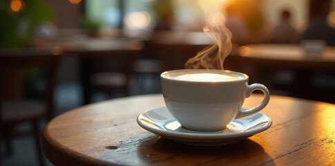 Warm coffee cup, steam swirls, wooden cafe table , wood, rustic