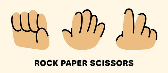 Cartoon Hand Gesture Illustration Depicting Rock Paper Scissors Game Symbol, Simple Vector Design. Bold outlines and warm tones make the graphic fun and engaging, suitable for game-related themes