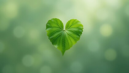 Heart-Shaped Leaf on Soft Green Background: Love and Nature Concept