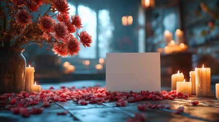 Blank card, church candles, petals, remembrance