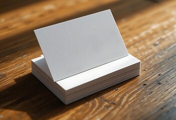 Fototapeta premium Blank white business cards mockups stack on a wooden table