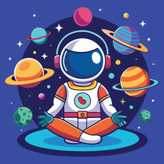 Meditating astronaut in space with planets