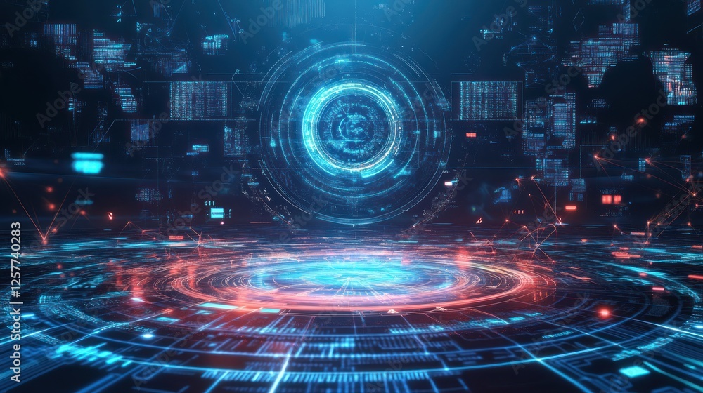Poster futuristic technological interface with glowing circular data network