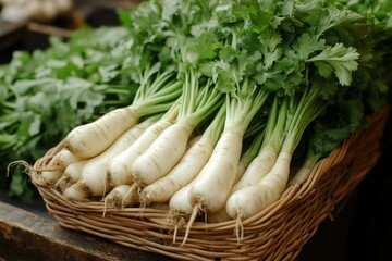 Fresh organic parsley in a woven basket on a wooden surface