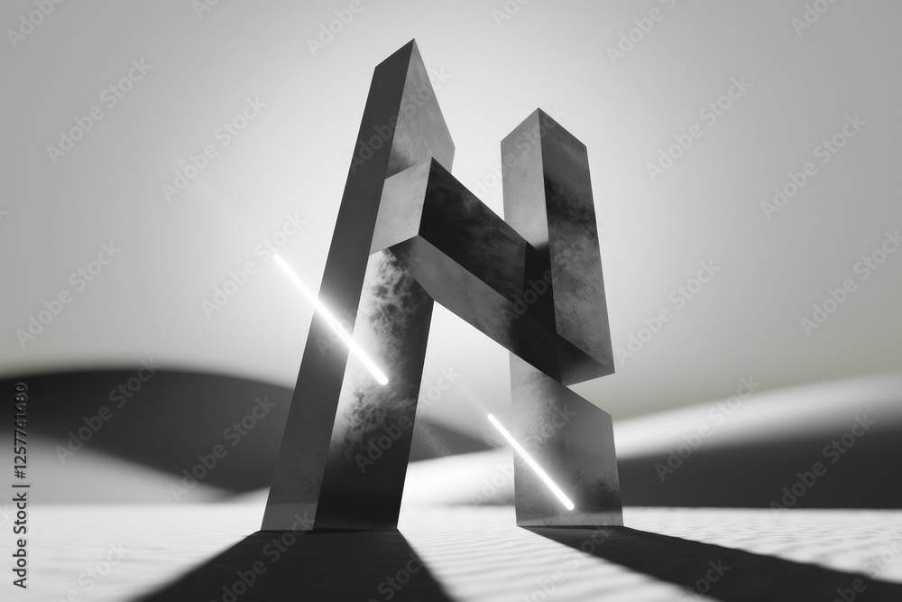 Poster abstract grayscale sculpture of intersecting geometric forms, illuminated by bright beams of light i