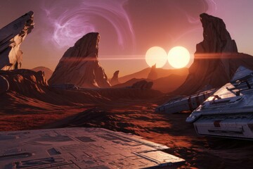 Alien landscape with twin suns setting, wrecked spaceships scattered amidst red rock formations and purple nebula.