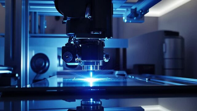 Automated industrial laser engraving metal sheet in modern factory with blue light, advanced manufacturing process using high precision laser cutter for metalworking