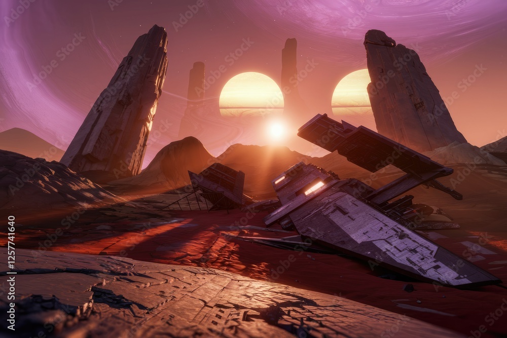 Poster crash-landed spaceship rests on an alien planet, surrounded by ancient, towering structures under a 