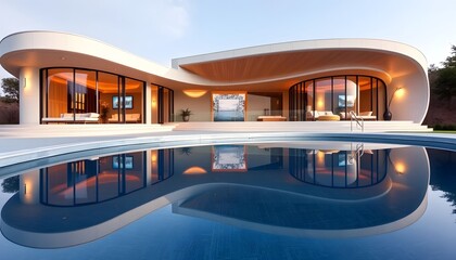 Ultra-modern 8K mansion with a curved architectural design, reflecting pool, and warm wood accents