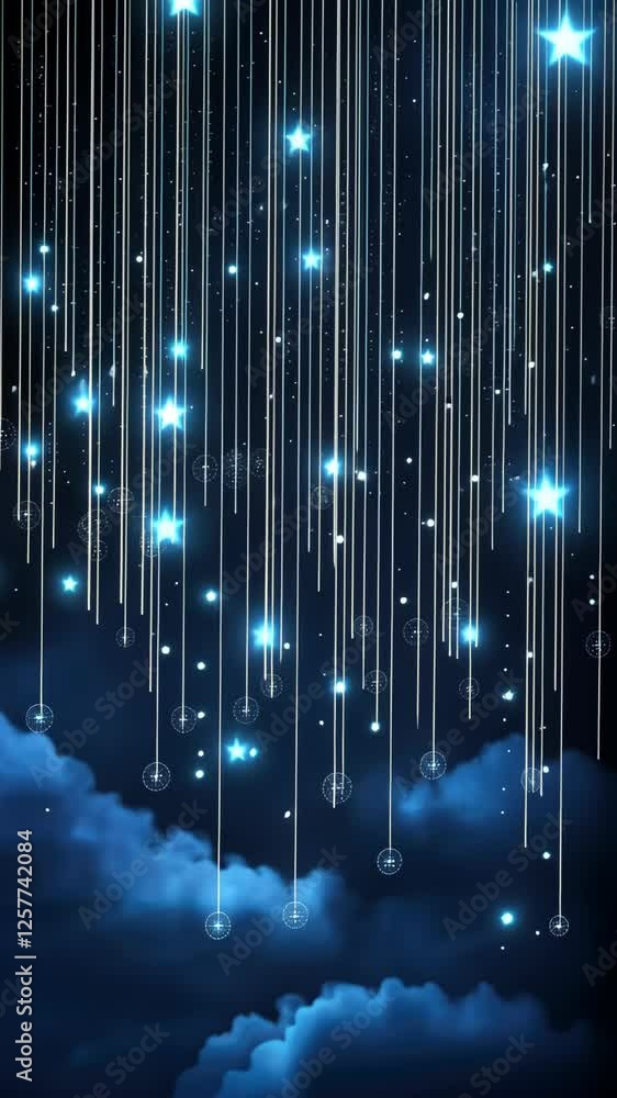Poster stunning visual of twinkling lights falling through a nighttime sky filled with clouds, creating a m
