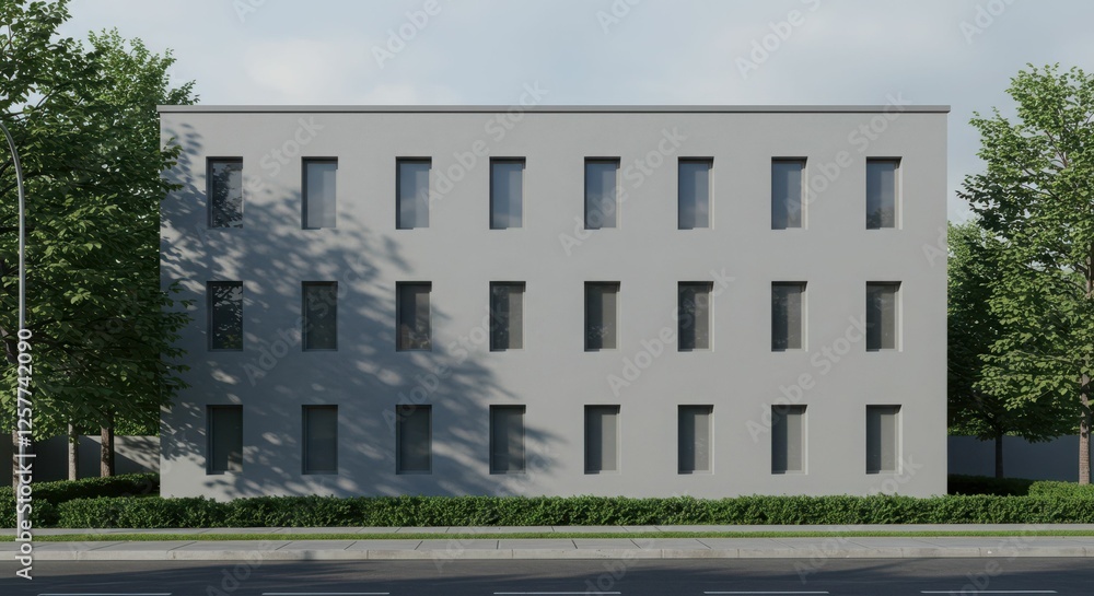 Poster Minimalist gray building with vertical windows and surrounding greenery