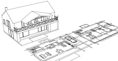 house sketch plan 3d illustration