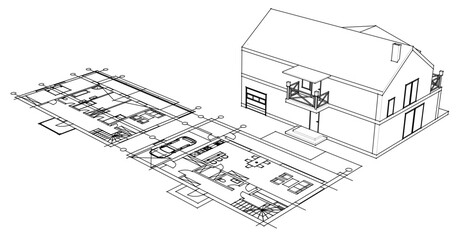 house sketch plan 3d illustration