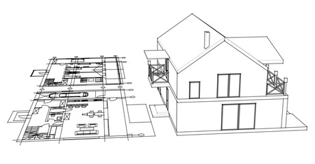 house sketch plan 3d illustration