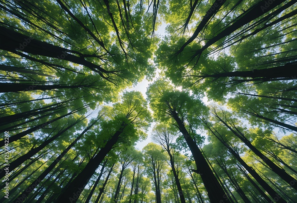 Poster sunlight filtering through canopy: a dense forest viewed from below with towering trees