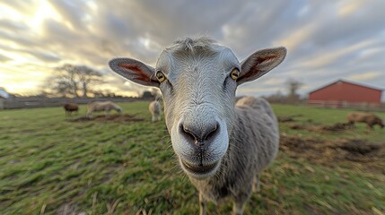Curious goat farm sunset portrait