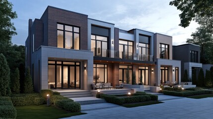Fototapeta premium A high-end townhouse with a rooftop terrace, modern brick and stone exterior, stylish outdoor seating area, large sliding glass doors connecting indoor and outdoor spaces, sophisticated urban living