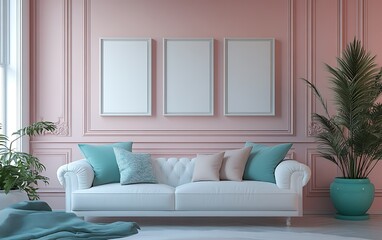 Pink room interior design, sofa, frames, plants