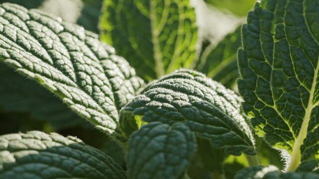 Close-up video of mint leaves in natural light, capturing detailed textures and vibrant green hues from a low-angle perspective.